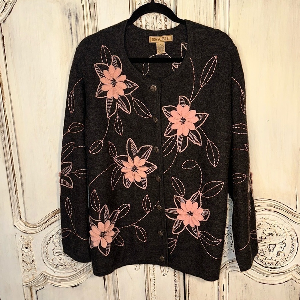 So Forth Vintage Look 100% Wool 3D Embroidery Long Sleeve Cardigan Sweater S/1X